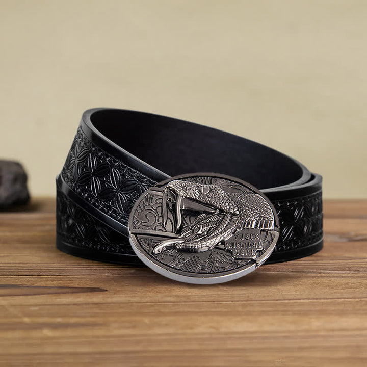 Cinturón de cuero con cuchillo plegable oculto tipo serpiente para hombre
