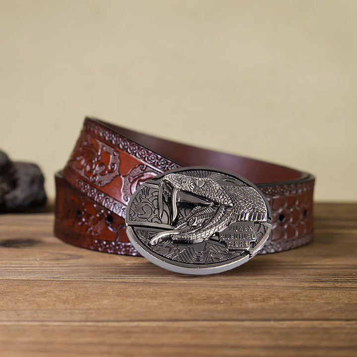 Cinturón de cuero con cuchillo plegable oculto tipo serpiente para hombre