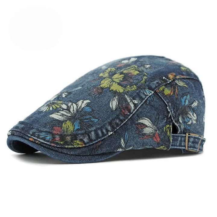 Boina plana de mezclilla con estampado floral de moda