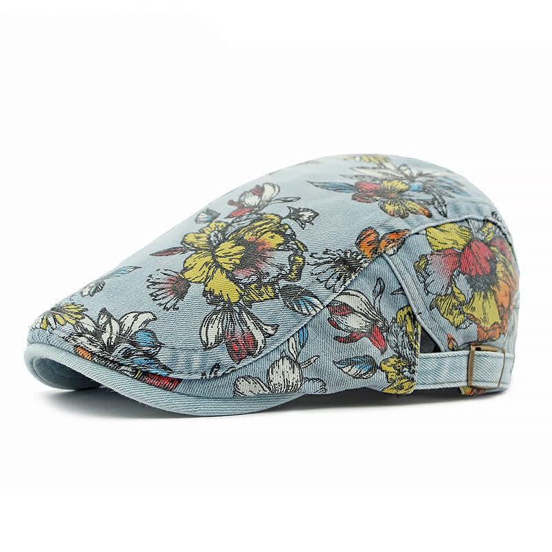 Boina plana de mezclilla con estampado floral de moda