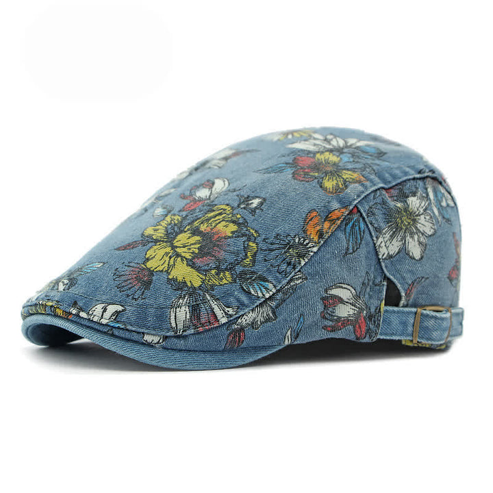 Boina plana de mezclilla con estampado floral de moda
