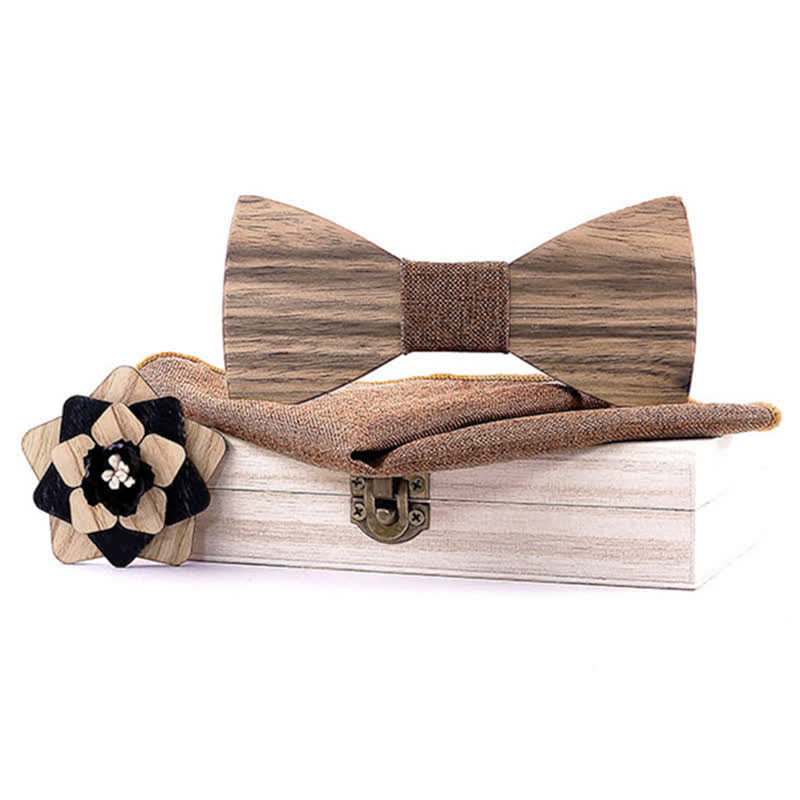 Juego de 3 piezas de alfileres de solapa con forma de flor para hombre, de madera de nogal y pajarita