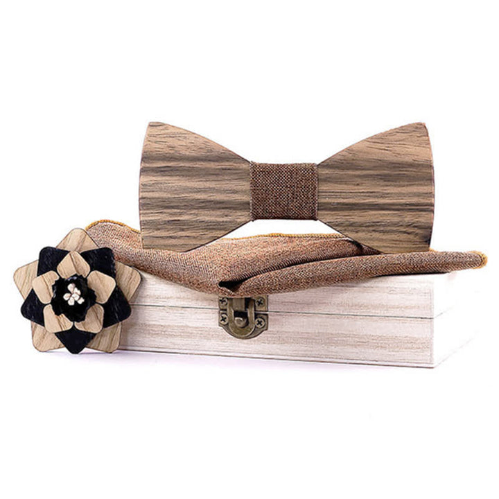 Juego de 3 piezas de alfileres de solapa con forma de flor para hombre, de madera de nogal y pajarita