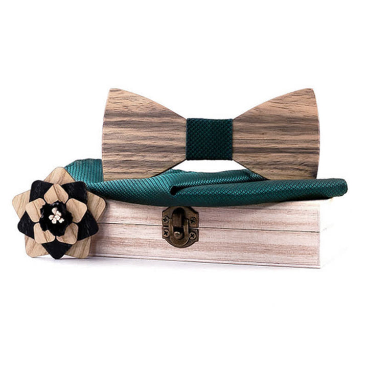 Juego de 3 piezas de alfileres de solapa con forma de flor para hombre, de madera de nogal y pajarita