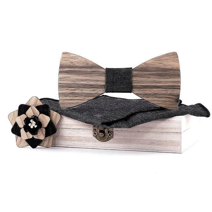 Juego de 3 piezas de alfileres de solapa con forma de flor para hombre, de madera de nogal y pajarita