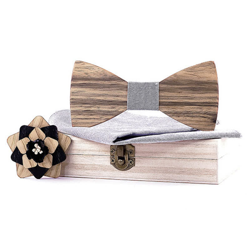 Juego de 3 piezas de alfileres de solapa con forma de flor para hombre, de madera de nogal y pajarita