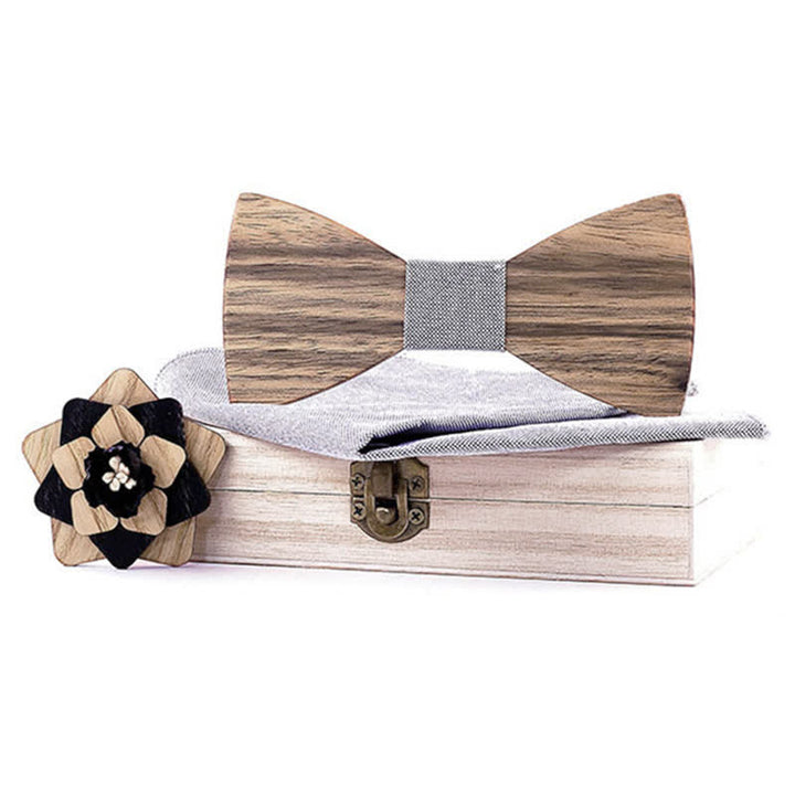 Juego de 3 piezas de alfileres de solapa con forma de flor para hombre, de madera de nogal y pajarita