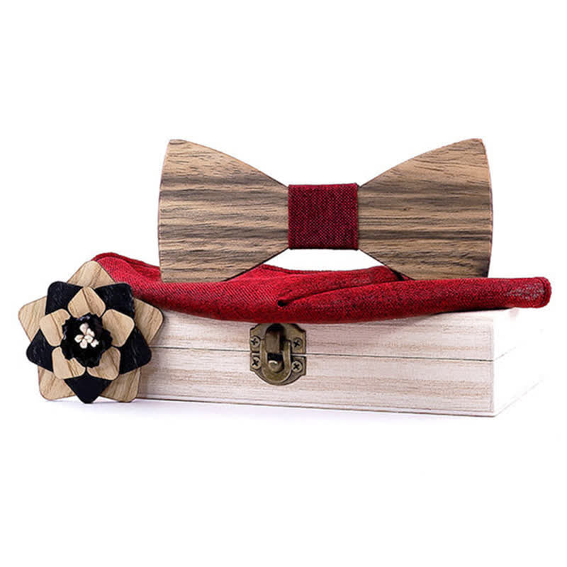 Juego de 3 piezas de alfileres de solapa con forma de flor para hombre, de madera de nogal y pajarita