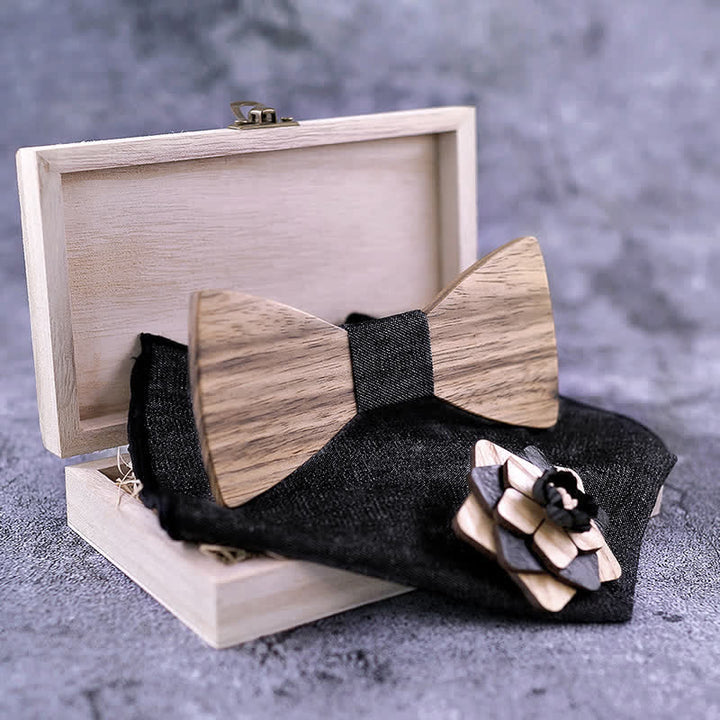 Juego de 3 piezas de alfileres de solapa con forma de flor para hombre, de madera de nogal y pajarita