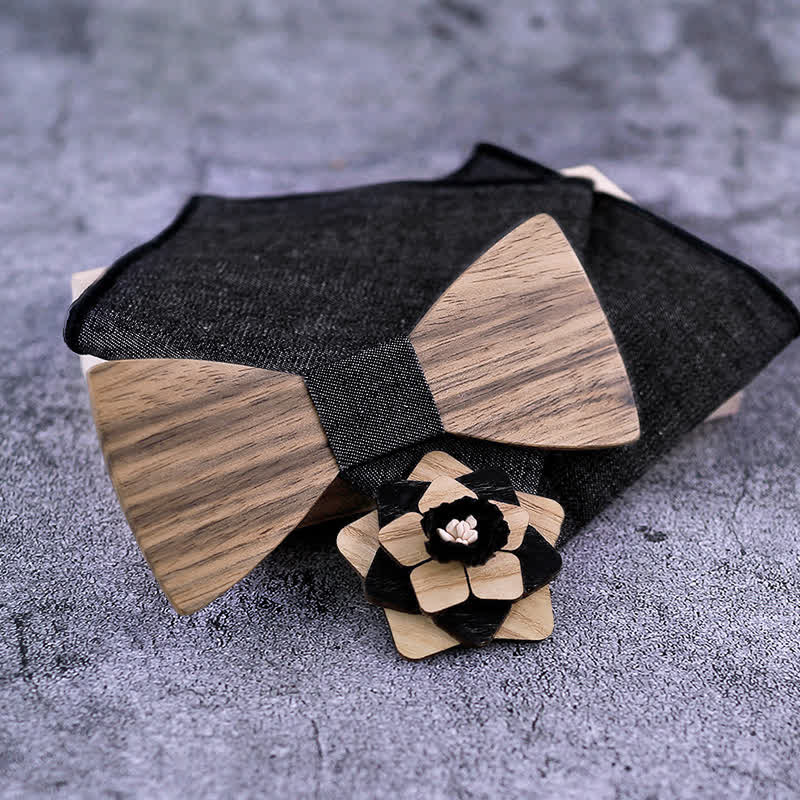 Juego de 3 piezas de alfileres de solapa con forma de flor para hombre, de madera de nogal y pajarita