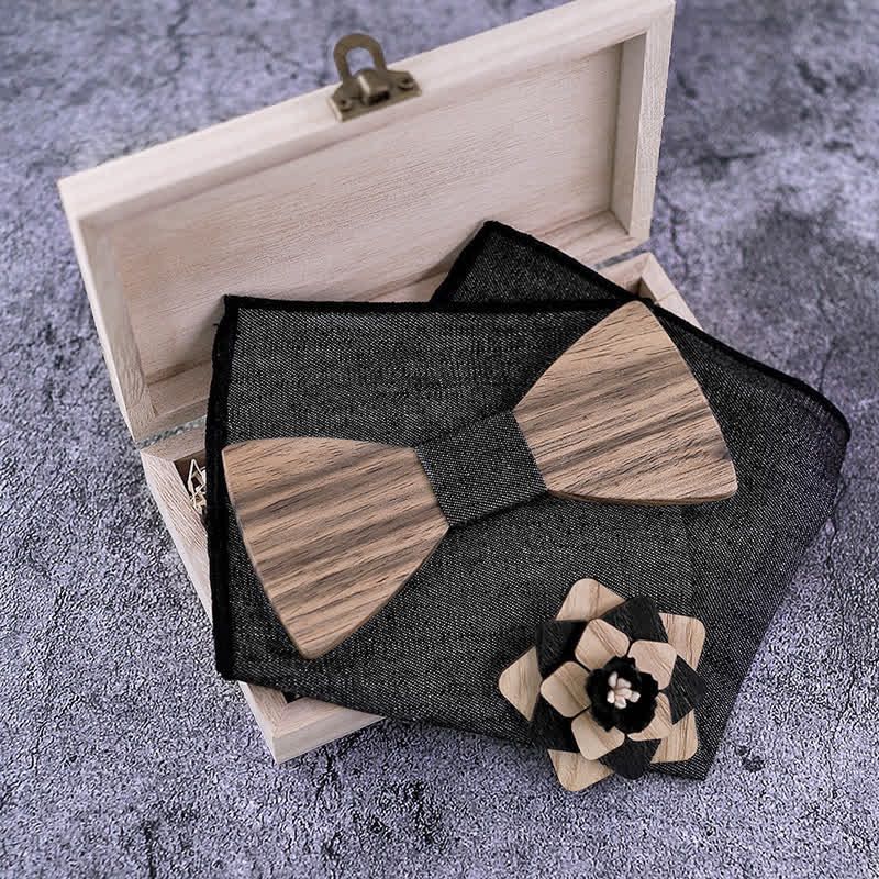 Juego de 3 piezas de alfileres de solapa con forma de flor para hombre, de madera de nogal y pajarita