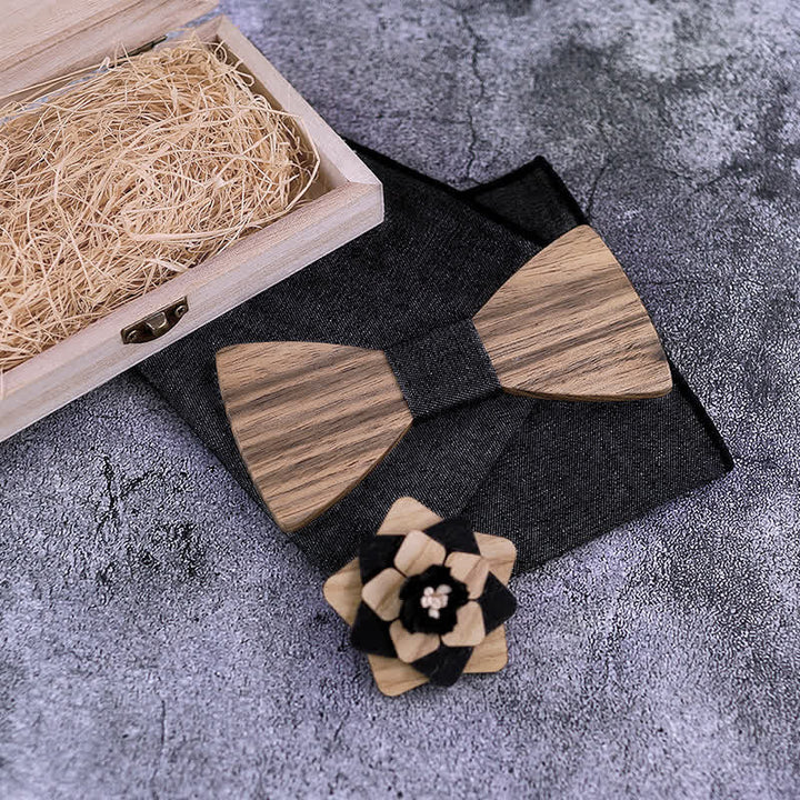 Juego de 3 piezas de alfileres de solapa con forma de flor para hombre, de madera de nogal y pajarita