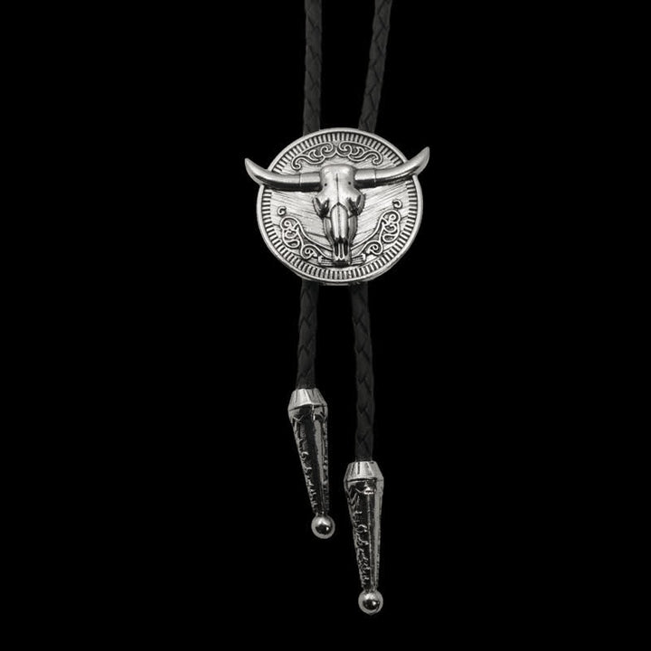 Corbata de cuero estilo bolo con forma de cabeza de vaca y toro de cuernos largos de vaquero
