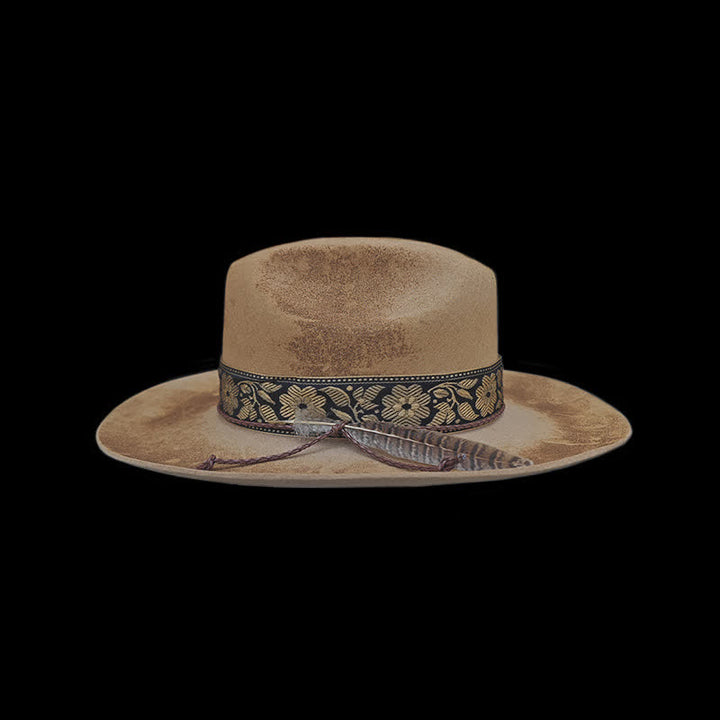 Sombrero de vaquero de lana con plumas decorativas y flores de jacquard