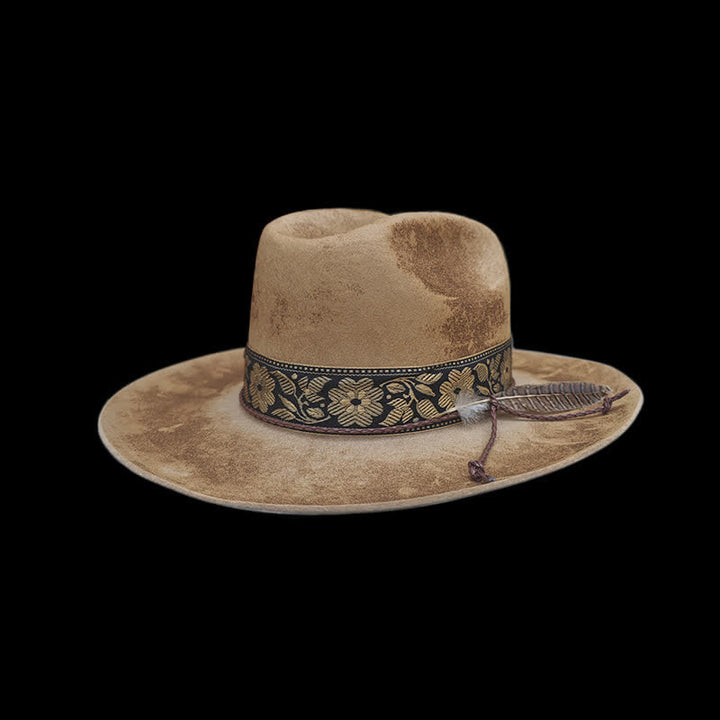 Sombrero de vaquero de lana con plumas decorativas y flores de jacquard