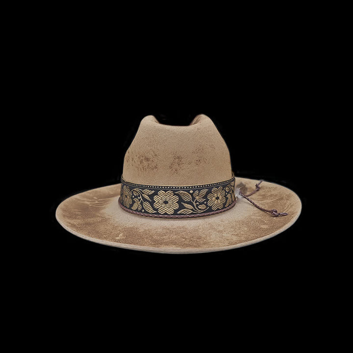 Sombrero de vaquero de lana con plumas decorativas y flores de jacquard