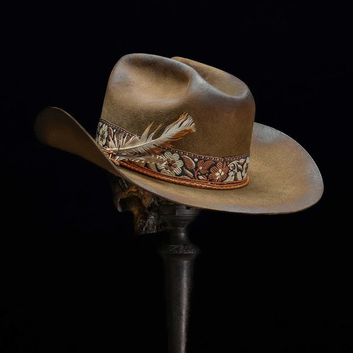 Sombrero de vaquero de lana con plumas decorativas y flores de jacquard