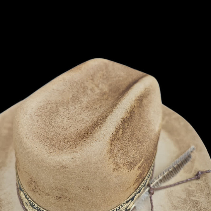 Sombrero de vaquero de lana con plumas decorativas y flores de jacquard