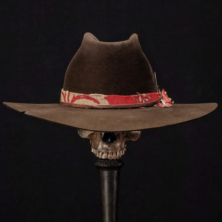 Sombrero Vaquero De Tela Roja De Imitación De Lana Marrón Oscuro