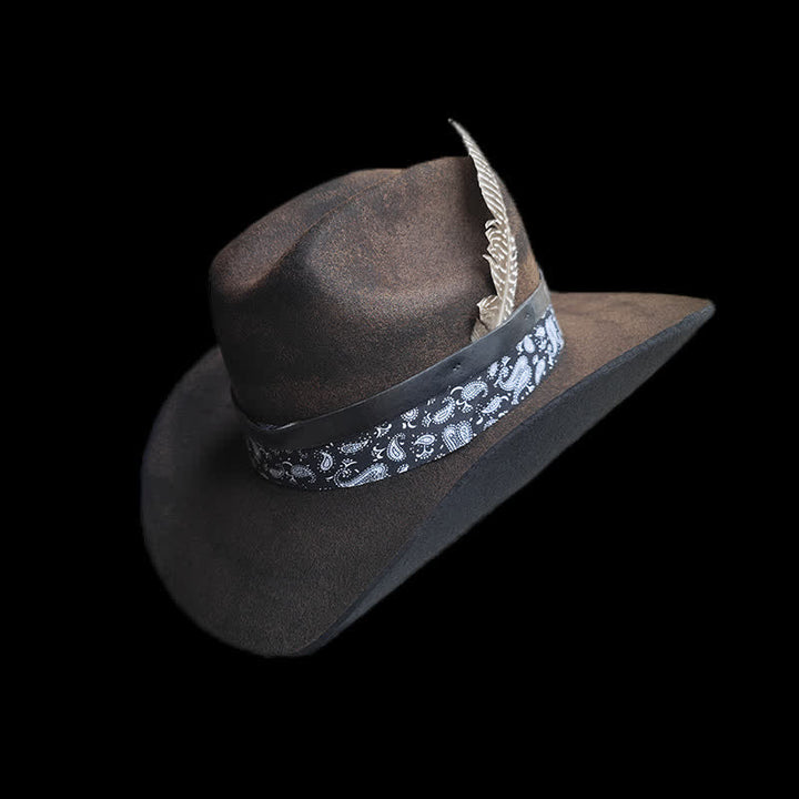 Sombrero de vaquero de lana con plumas y estampado de cachemira de Rock Star