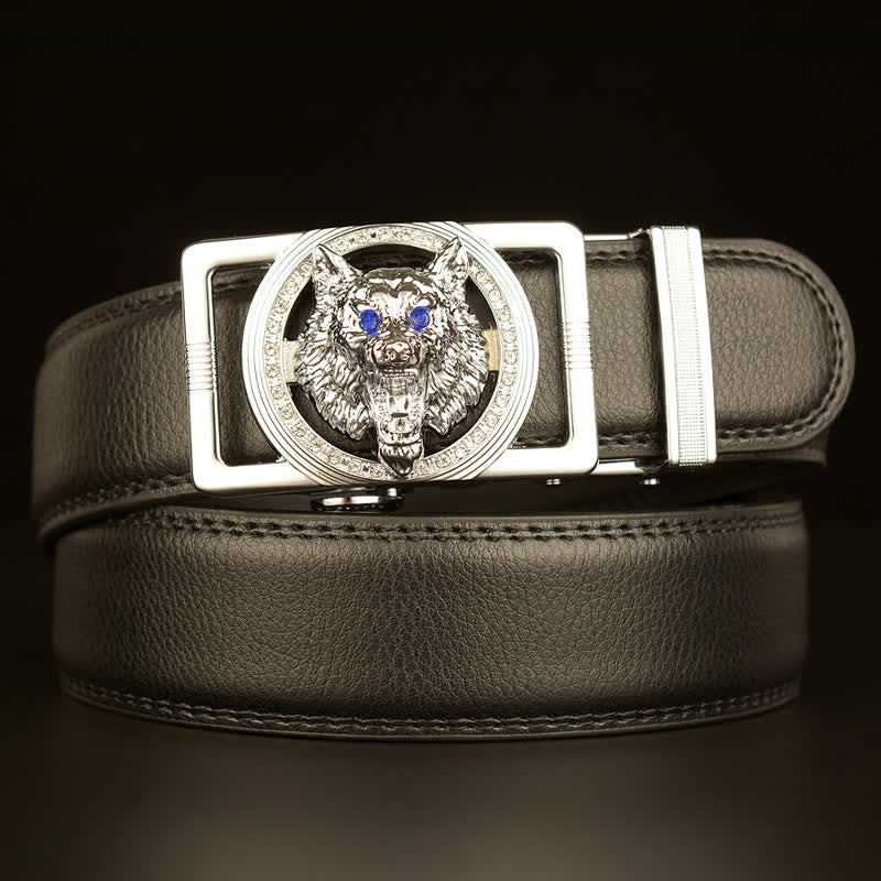 Cinturón de cuero con hebilla automática y diamantes de imitación con cabeza de lobo para hombre