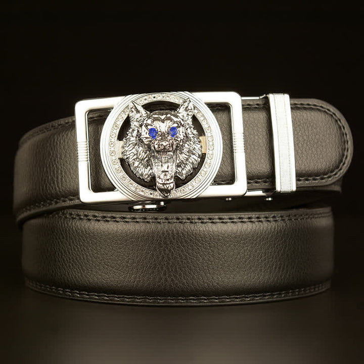 Cinturón de cuero con hebilla automática y diamantes de imitación con cabeza de lobo para hombre