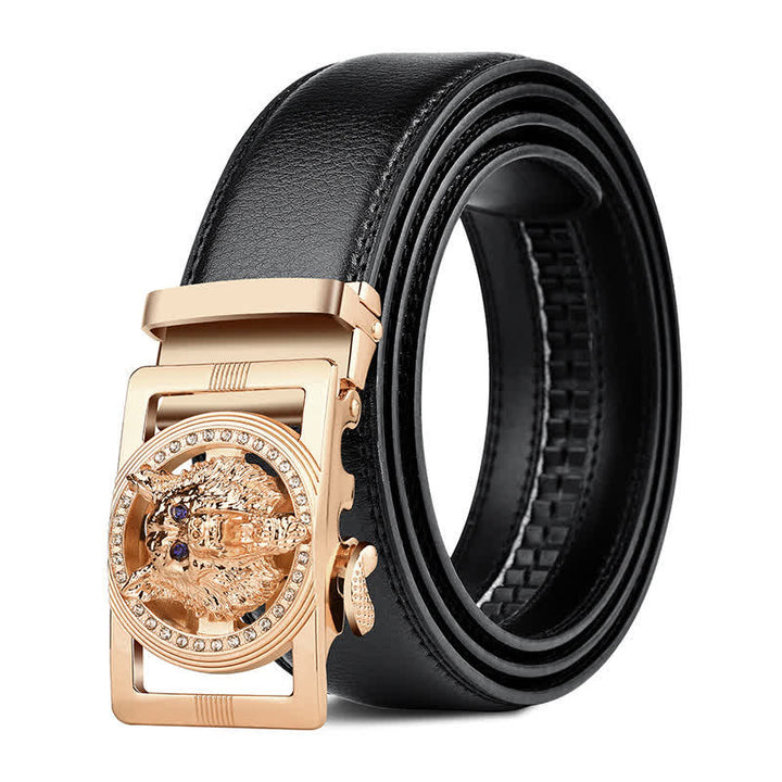Cinturón de cuero con hebilla automática y diamantes de imitación con cabeza de lobo para hombre