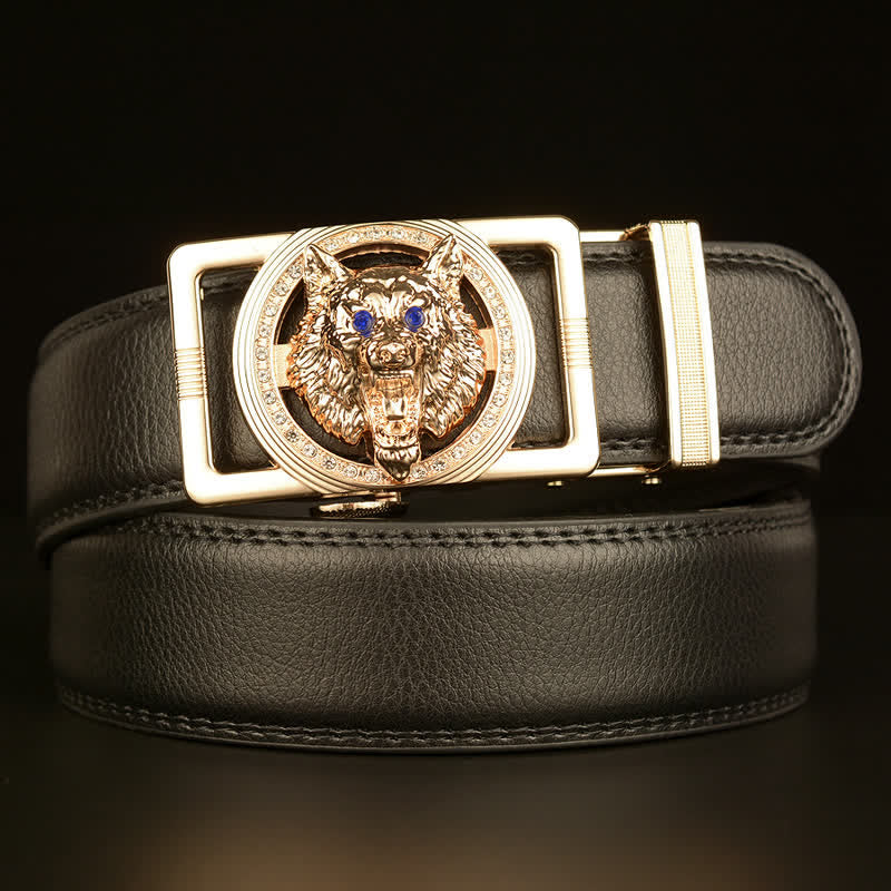 Cinturón de cuero con hebilla automática y diamantes de imitación con cabeza de lobo para hombre