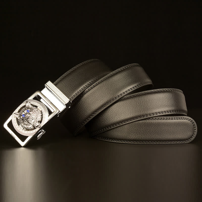 Cinturón de cuero con hebilla automática y diamantes de imitación con cabeza de lobo para hombre