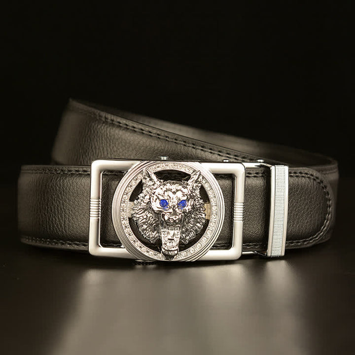 Cinturón de cuero con hebilla automática y diamantes de imitación con cabeza de lobo para hombre