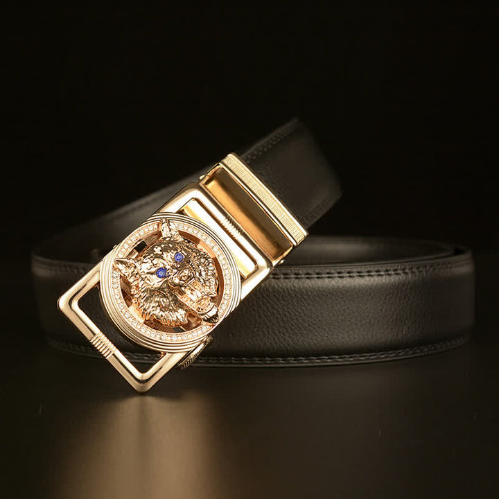 Cinturón de cuero con hebilla automática y diamantes de imitación con cabeza de lobo para hombre