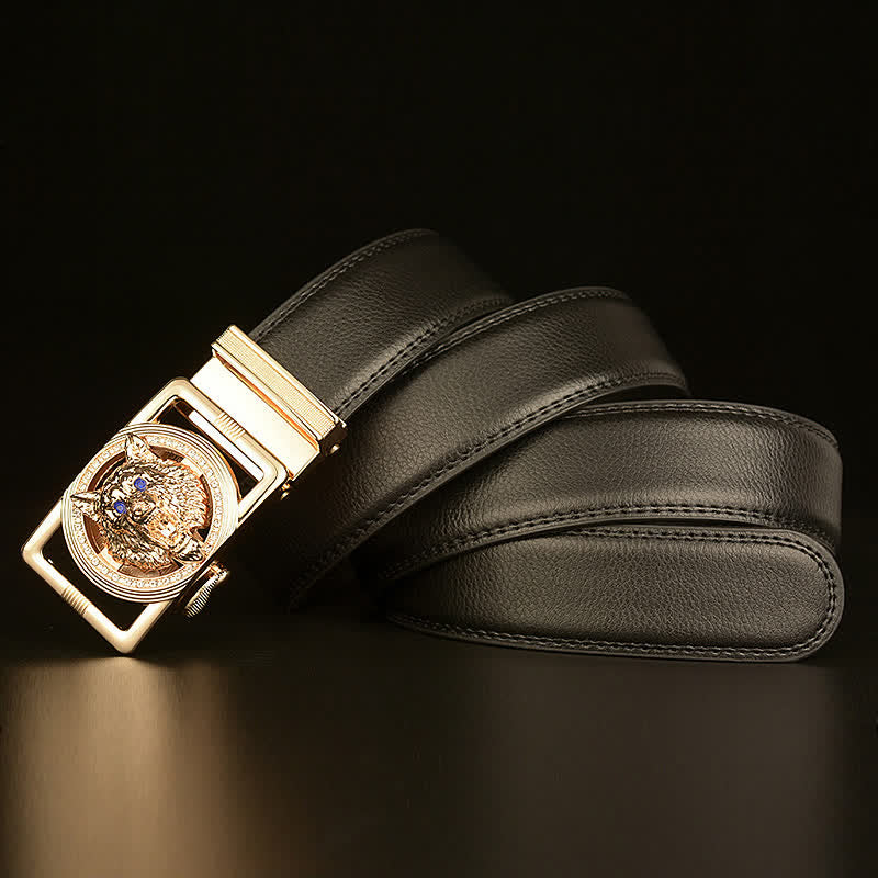 Cinturón de cuero con hebilla automática y diamantes de imitación con cabeza de lobo para hombre