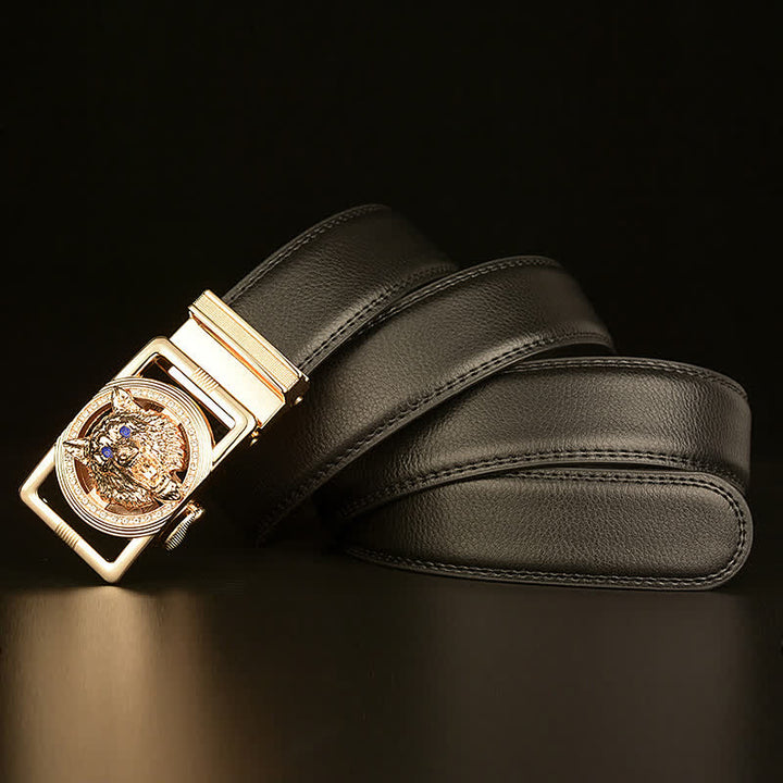 Cinturón de cuero con hebilla automática y diamantes de imitación con cabeza de lobo para hombre