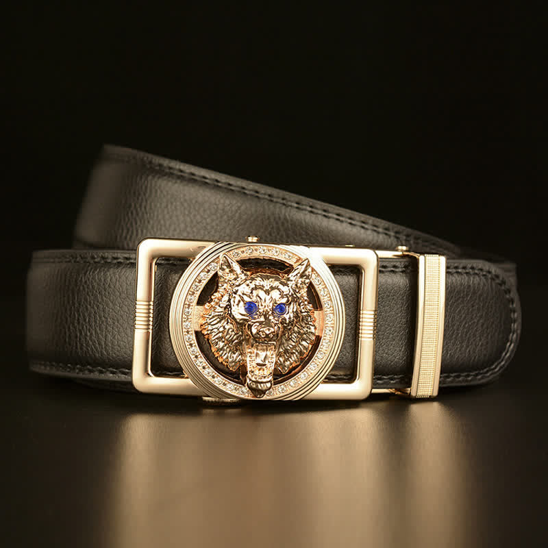 Cinturón de cuero con hebilla automática y diamantes de imitación con cabeza de lobo para hombre