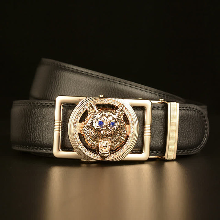 Cinturón de cuero con hebilla automática y diamantes de imitación con cabeza de lobo para hombre