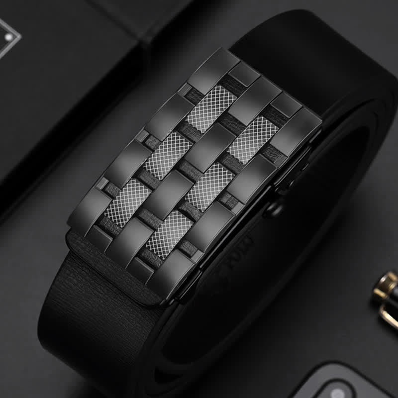 Cinturón de cuero con hebilla automática y rejilla rectangular para hombre