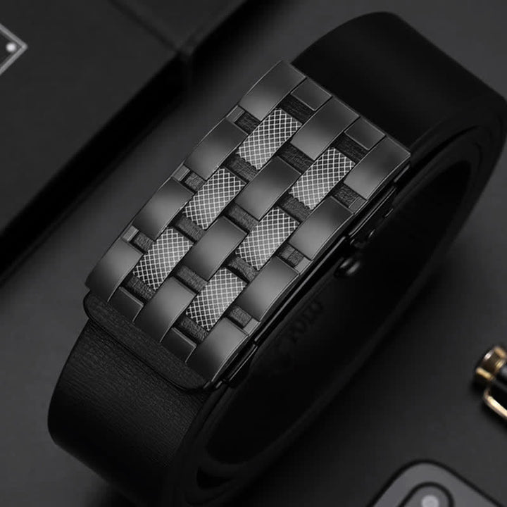 Cinturón de cuero con hebilla automática y rejilla rectangular para hombre