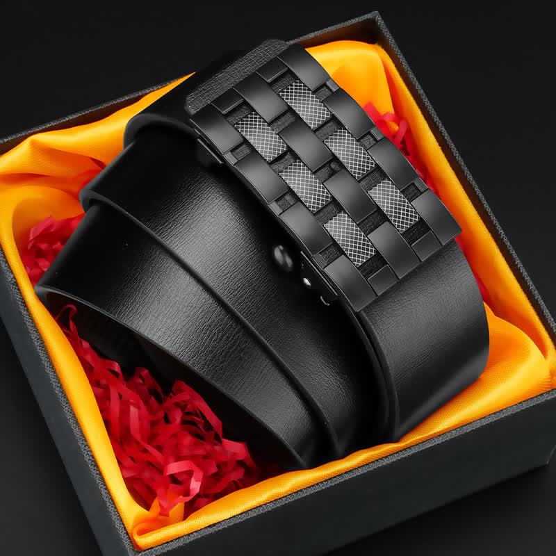 Cinturón de cuero con hebilla automática y rejilla rectangular para hombre