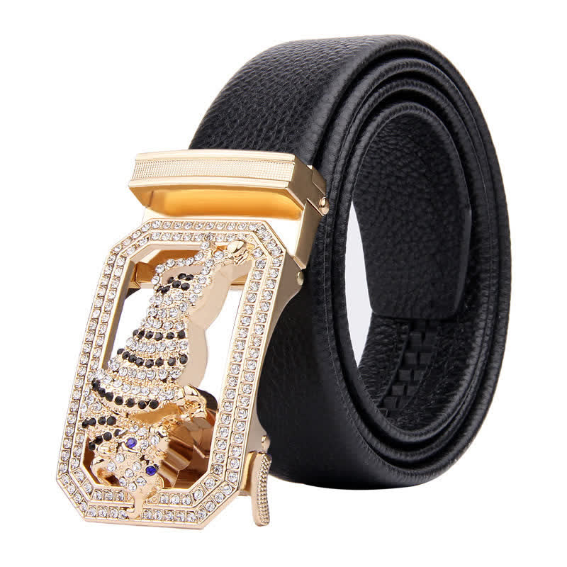 Cinturón de cuero con hebilla automática y diseño de animales dorados para hombre