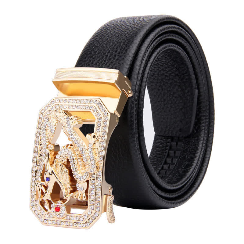 Cinturón de cuero con hebilla automática y diseño de animales dorados para hombre