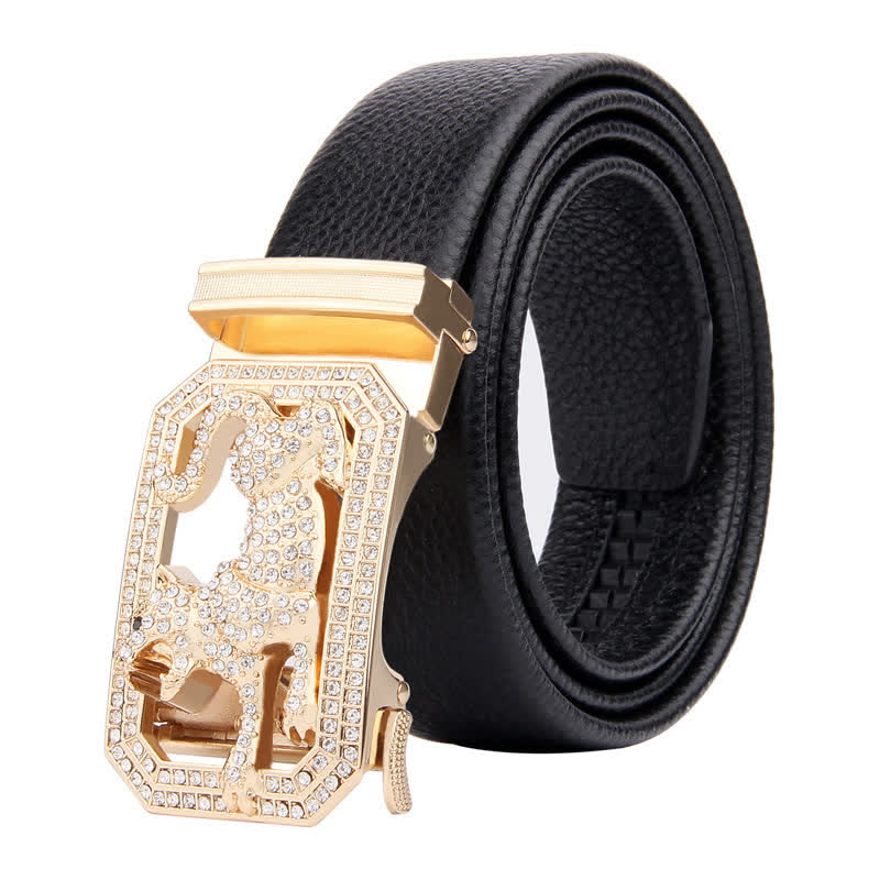 Cinturón de cuero con hebilla automática y diseño de animales dorados para hombre