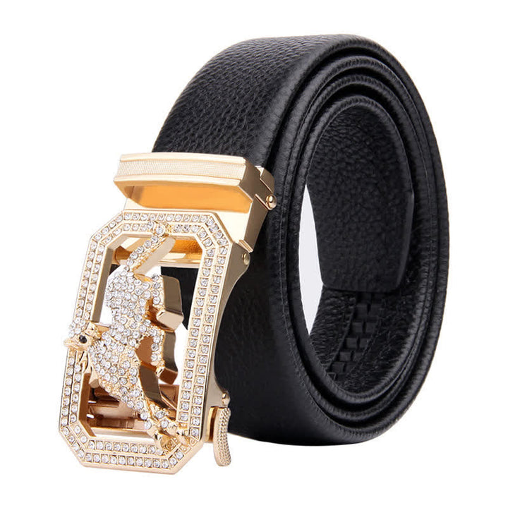 Cinturón de cuero con hebilla automática y diseño de animales dorados para hombre