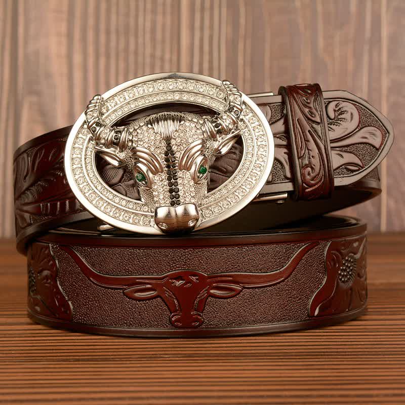 Cinturón de cuero con hebilla automática de toro y brillantes diamantes de imitación para hombre