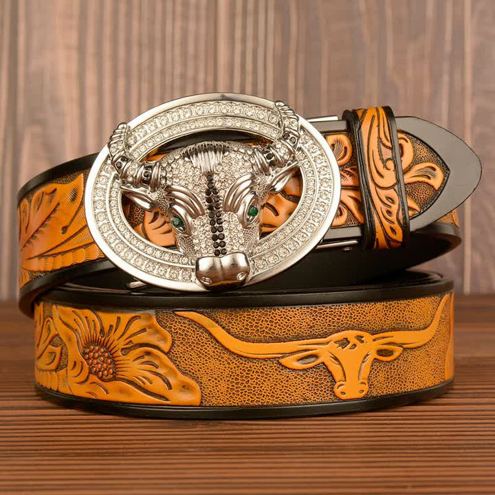 Cinturón de cuero con hebilla automática de toro y brillantes diamantes de imitación para hombre