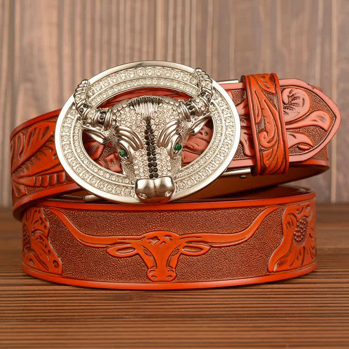 Cinturón de cuero con hebilla automática de toro y brillantes diamantes de imitación para hombre