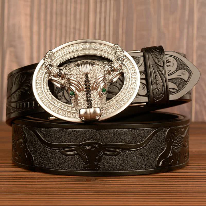 Cinturón de cuero con hebilla automática de toro y brillantes diamantes de imitación para hombre