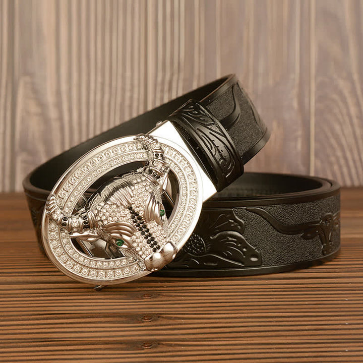 Cinturón de cuero con hebilla automática de toro y brillantes diamantes de imitación para hombre