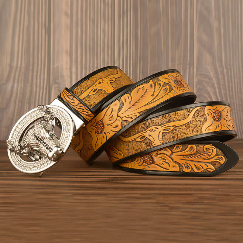 Cinturón de cuero con hebilla automática de toro y brillantes diamantes de imitación para hombre