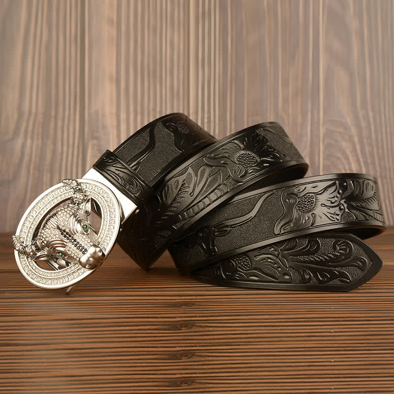 Cinturón de cuero con hebilla automática de toro y brillantes diamantes de imitación para hombre