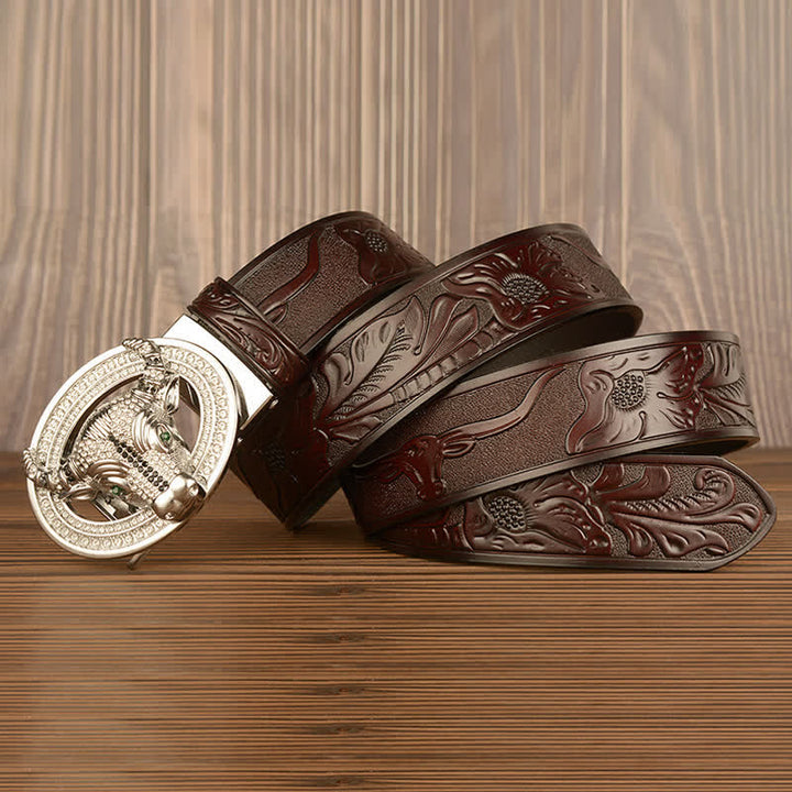 Cinturón de cuero con hebilla automática de toro y brillantes diamantes de imitación para hombre